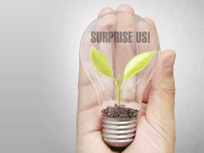 A hand holding a lightbulb with a plant growing inside. Words 'Surprise Us' overlaying image.