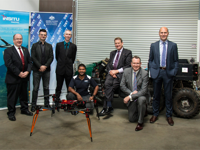 (L-R) Brendan Williams (Boeing/Insitu Pacific), Hasan Acar (AOS), Damien O’Brien (Insitu Pacific), Chatura Nagahawatte (DST), Andrew Lucas (AOS), Andrew Duggan (Insitu Pacific), Simon Ng (DST) during DST Partnerships Week in Melbourne.