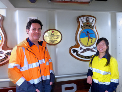 Anthony Woolley and Jenny Liu aboard HMAS Warramunga.