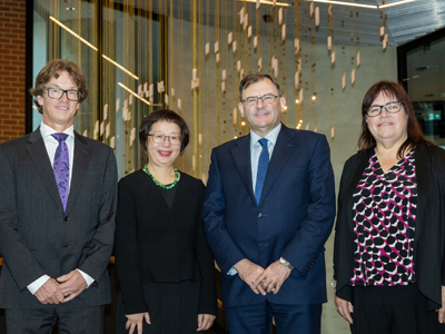 (L-R) Dr Axel Bender, OCE STaR Shot Leader, Professor Jia-Yee Lee, Director CADRE-OCE, University of Melbourne, Professor Duncan Maskell, Vice-Chancellor of the University of Melbourne and Professor Emily Hilder, Acting Chief Defence Scientist. Image supplied by The University of Melbourne