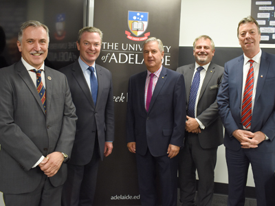 A group shot of Pictured L-R: Prof Michael Webb, Director of Defence and Security (University of Adelaide), Minister Pyne, Chancellor Scarce, Dr Zelinsky and Prof Mike Brooks, Interim Vice-Chancellor