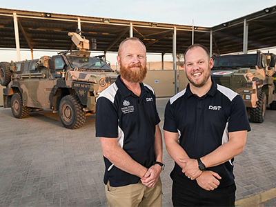 Operations analyst Jeff Seers, left, and science and technology liaison officer Matt Randell at the ADF’s main operating base in the Middle East. Photo: Leading Seaman Craig Walton Operations analyst Jeff Seers, left, and science and technology liaison officer Matt Randell at the ADF’s main operating base in the Middle East. Photo: Leading Seaman Craig Walton