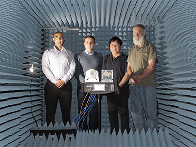 (L-R): Dr Manik Attygalle, Mr Artem Vasilyev, Mr Khee Hue and Mr Mark Gontar in DSTG’s Antenna Measurement Facility. (L-R): Dr Manik Attygalle, Mr Artem Vasilyev, Mr Khee Hue and Mr Mark Gontar in DSTG’s Antenna Measurement Facility.