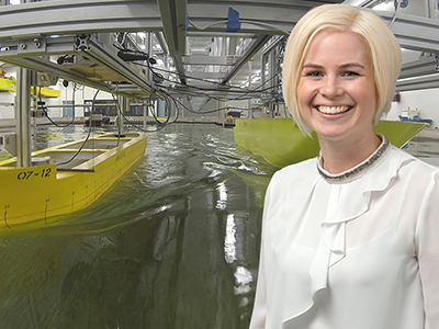 Jenny Mathew at the Australian Maritime College Model Test Basin facility. Jenny Mathew at the Australian Maritime College Model Test Basin facility.