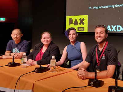 Defence scientists, Mr Alex Rohl (right) and Dr Susannah Whitney (second from the left), featured on a panel at PAX Aus 2022