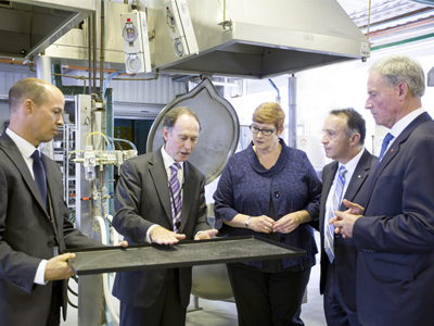 (L-R) Dr Nick Beagley, Research Leader Land Human Systems, Ross Coad, Acting Group Leader - Food & Nutrition, Senator the Hon Marise Payne, Minister for Defence, Andrew Nikolic, Member for Bass, and Senator the Hon Richard Colbeck, Minister for Tourism and International Education and Minister Assisting the Minister for Trade and Investment, at the DST Site in Scottsdale TAS.