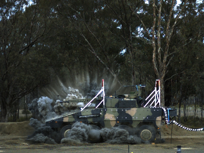 Boxer armoured vehicle undergoing blast testing.