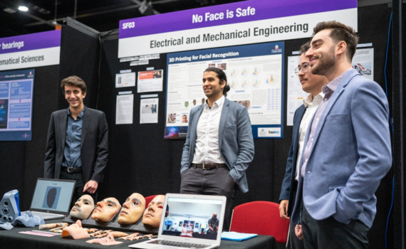 Final-year engineering students (L-R): Michael, Fouad, Sebastian and Luke present their 3D mask fabrication system at Ingenuity 2023.