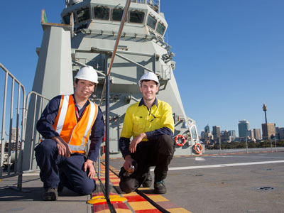 Image of Dr Andrew Ang and Mr Matthew Leigh preparing for the on-board trials on HMAS Canberra.