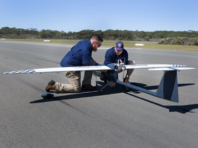 Pre-flight checks on Silvertone UAV's Flamingo Mk3 at the Jervis Bay Airfield.