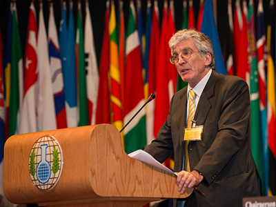 Dr Bob Mathews accepting his award at The Hague. Photo courtesy of Henry Arvidsson/OPCW.