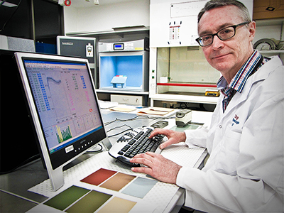 Chris uses the colour spectrophotometer to measure the colour of Defence coatings. Chris Lyons