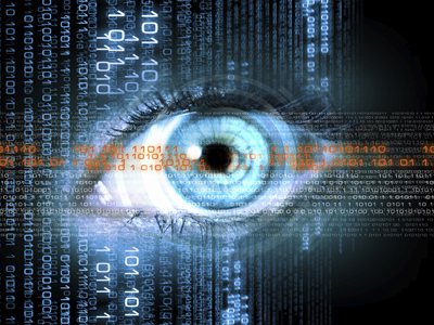 A futuristic picture of an eye with various digital 0s and 1s in the background