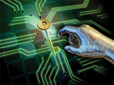 Image of a human hand reaching for a key within a computer generated environment