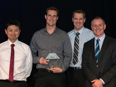 Three of the developers of the Digital Video Guard, (L-R) John Shield, Mark Beaumont and Brad Hopkins, with SA Premier Jay Weatherill.