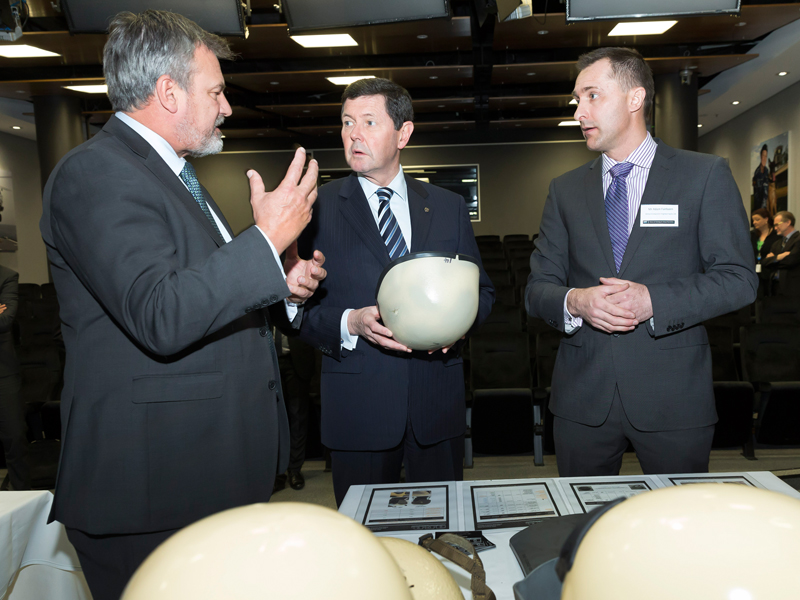 Dr Alex Zelinsky, Minister for Defence and Mr Adam Fairbairn from Amor Composite Pty Ltd.