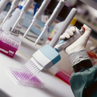 A photograph of a hand using a multi-channel pipette.