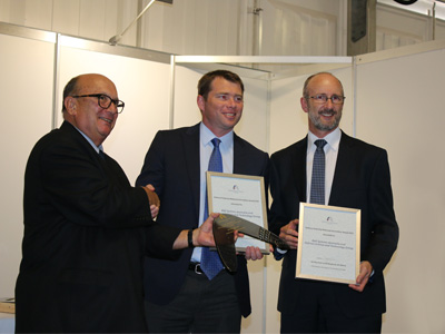 Ian Honnery, Airshow Chief Executive, James Waldie of BAE Systems Australia and Geoff Hugo of DST during the awards ceremony at the Avalon Airshow on Wednesday 2 March 2017. Ian Honnery, Airshow Chief Executive, James Waldie of BAE Systems Australia and Geoff Hugo of DST.
