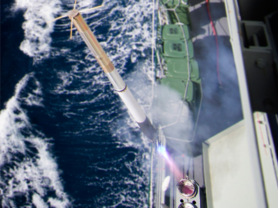 HMAS Darwin conducts a Nulka Active Missile Decoy firing in the Eastern Australian Exercise Area, as part of pre-deployment checks during the ships Mission Readiness Evaluation. 