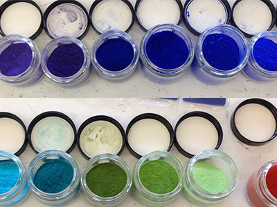 A line-up of some of the new ceramic pigments being developed at Oregon State University. 