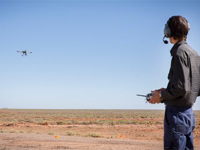 A DST Quadcopter being flown at the Woomera Test Range in SA. A DST Quadcopter being flown at the Woomera Test Range in SA.