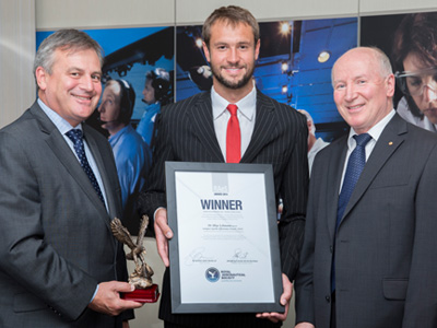 Rhys Lehmann with Dr Zelinsky and Air Commodore Noel Schmidt during the awards presentation. 