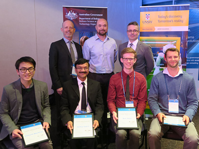 Front row (L-R): Students Vincent Bachtier, Samiul Amin, Ben Steer and Kyle Hardman. Back row (L-R) Dr Graham Morton (UNSW), Dr Todd Mansell (DST Group) and Glenn Frankish (Lockheed Martin).