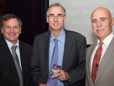 A photo of Chief Defence Scientist, Dr Alex Zelinsky, award recipient, Dr Doug Cato and Minister for Defence Science and Personnel, Mr Warren Snowdon.