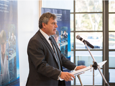 Chief Defence Scientist Dr Alex Zelinsky speaking at the launch of new the Defence Science Partnerships program. 