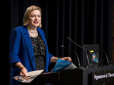 An image of Chief Defence Scientist, Tanya Monro speaking at a lectern