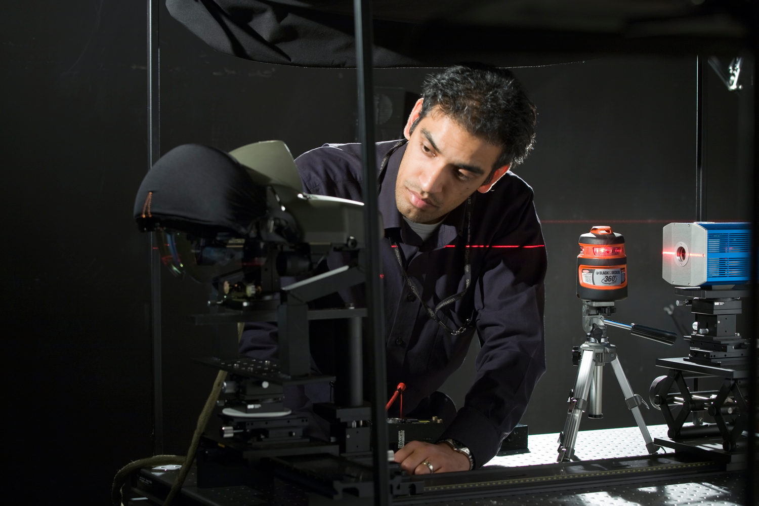 Checking the optical alignment of the instrumentation to measure the optical performance of DSTO’s Night Vision Imaging System.