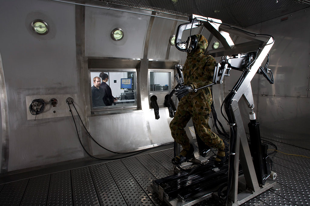 DSTO’s mannequin gets a workout in the environmental test facility, built to assist studies in chemical and biological protective clothing, chemical decontamination, and human physiology.