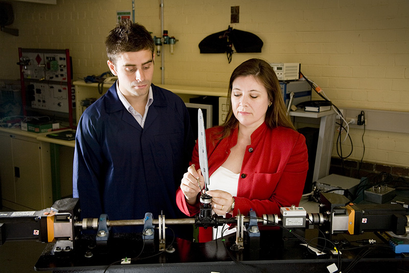 Researchers examine a dragonfly-like wing on an experimental apparatus designed to quantify the aerodynamics of wings flapping and pitching as insect wings do