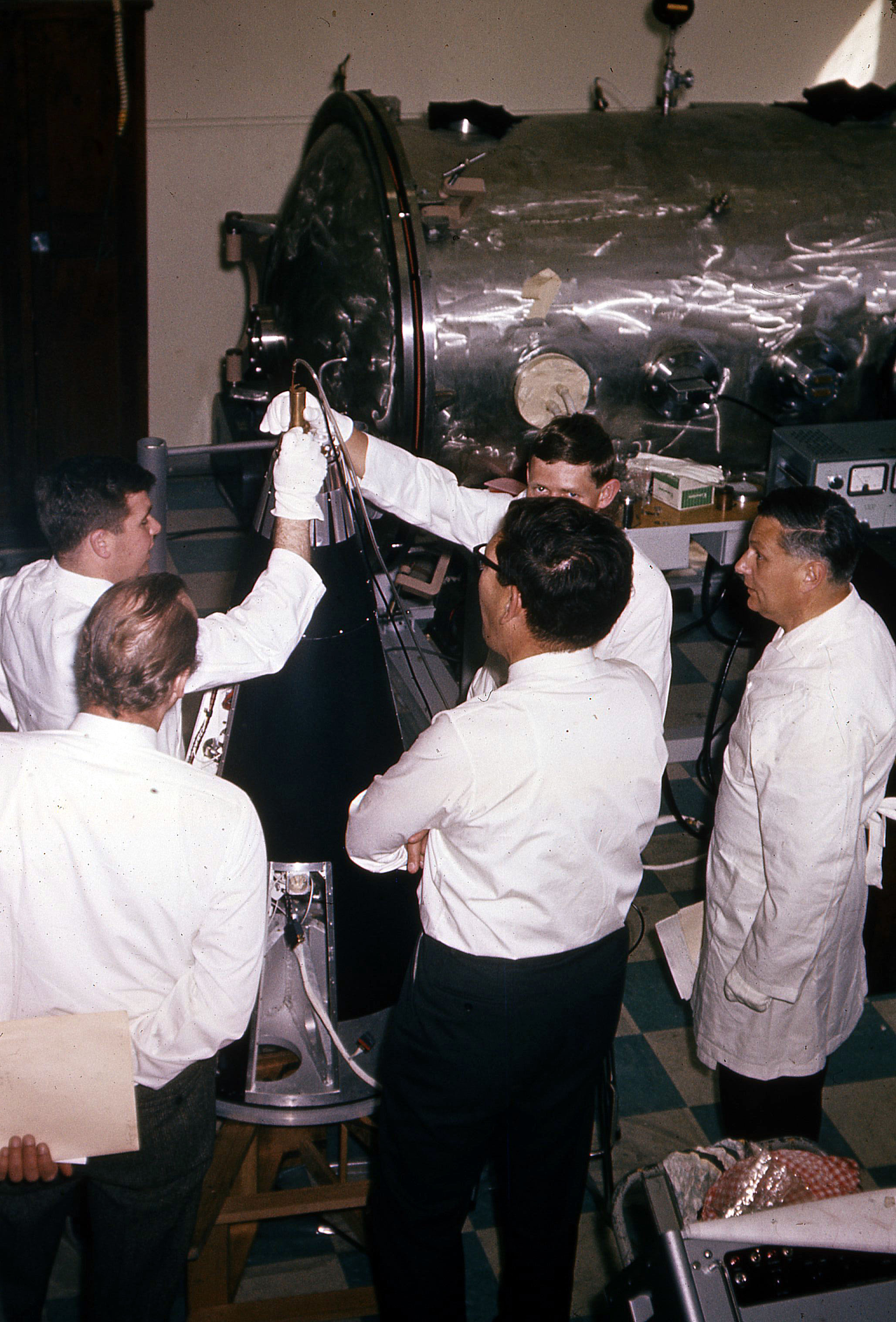 Vacuum testing of Weapons Research Establishment Satellite (WRESAT) at University of Adelaide. Photo courtesy of Prof John Carver.