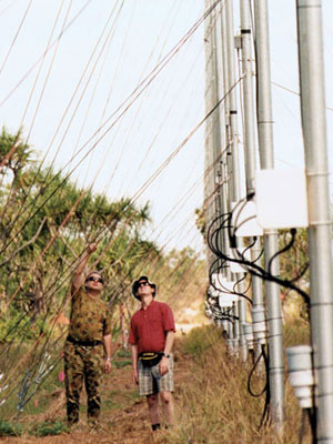 An image of two scientists in the outback examining the radar