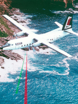 A photograph of an aircrcraft operating the laser airborne depth sounder