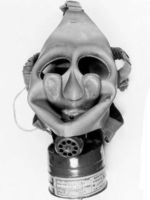 A black and white photo of a respirator.