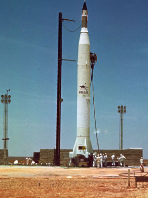 A photograph of the WRESAT rocket ready for launch