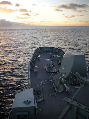 HMAS Arunta at sea after coming out of the Anti-Ship Missile Defence Upgrade Program. The bow of HMAS Arunta.