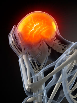 A picture of a skeleton with a glowing brain, indicating head pain.