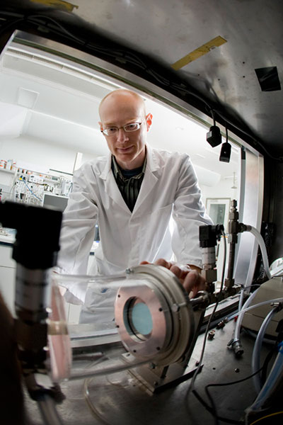 David Neilsen undertaking TIGER (Toxic Industrial Gas Evaluation Rig) for research with test canisters, fabric swatches or bulk adsorbent samples against a range of toxic industrial chemicals (TIC).