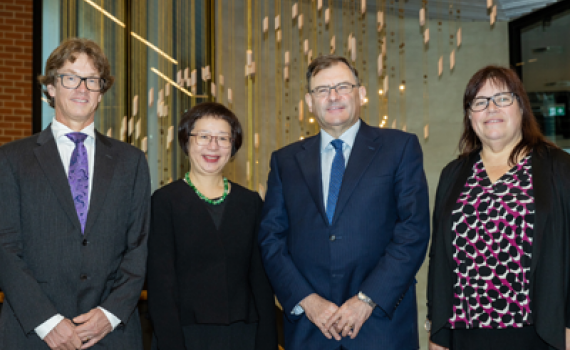 (L-R) Dr Axel Bender, OCE STaR Shot Leader, Professor Jia-Yee Lee, Director CADRE-OCE, University of Melbourne, Professor Duncan Maskell, Vice-Chancellor of the University of Melbourne and Professor Emily Hilder, Acting Chief Defence Scientist. Image supplied by The University of Melbourne