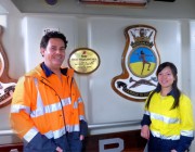 Anthony Woolley and Jenny Liu aboard HMAS Warramunga. Anthony Woolley and Jenny Liu aboard HMAS Warramunga.