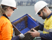 Defence scientists, Dr Claire Grandison and Dr Richard Piola, examine the effectiveness of a UV light system on exposed underwater surfaces for the inhibition of settling organisms. Dr Claire Grandison and Dr Richard Piola