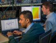 Bathiya Senanayake (left) and an RFTEQ team member developing and testing the new CATJAT system at DSTG Edinburgh.