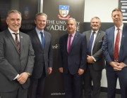 A group shot of Pictured L-R: Prof Michael Webb, Director of Defence and Security (University of Adelaide), Minister Pyne, Chancellor Scarce, Dr Zelinsky and Prof Mike Brooks, Interim Vice-Chancellor