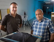 Horace Billon (right) with industry collaborator Adam Fairbairn, testing new ceramic armour prototypes. Horace Billon (right) with industry collaborator Adam Fairbairn, testing new ceramic armour prototypes.