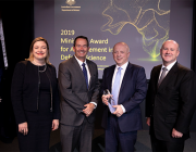 (l-r) Chief Defence Scientist Professor Tanya Monro, Member for Fisher, Queensland, Mr Andrew Wallace MP, Research Leader, Intelligence Analytic Survaliance Space Division Dr Neil Gordon and Secretary for Defence Greg Moriarty during the 2019 Minister's Award for Achievement in Defence Science at the Ngunnawal Theatrette, Canberra.