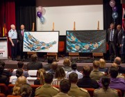 Chief of the Defence Force Air Chief Marshal Mark Binskin, AC, Warrant Officer Class One (Rtd) Roy Mundine, OAM, Chief Defence Scientist Dr Alex Zelinski and Mr Harry Allie unveil the female version of "The Song Cycle of the Seven Sisters" by Artist Anthony Walker during the 'Education as a Life Long Journey' event. Chief of the Defence Force Air Chief Marshal Mark Binskin, AC, Warrant Officer Class One (Rtd) Roy Mundine, OAM, Chief Defence Scientist Dr Alex Zelinski and Mr Harry Allie unveil the female version of "The Song Cycle of the Seven Sisters" by Artist Anthony Walker during the 'Education as a Life Long Journey' event.
