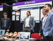 Final-year engineering students (L-R): Michael, Fouad, Sebastian and Luke present their 3D mask fabrication system at Ingenuity 2023.